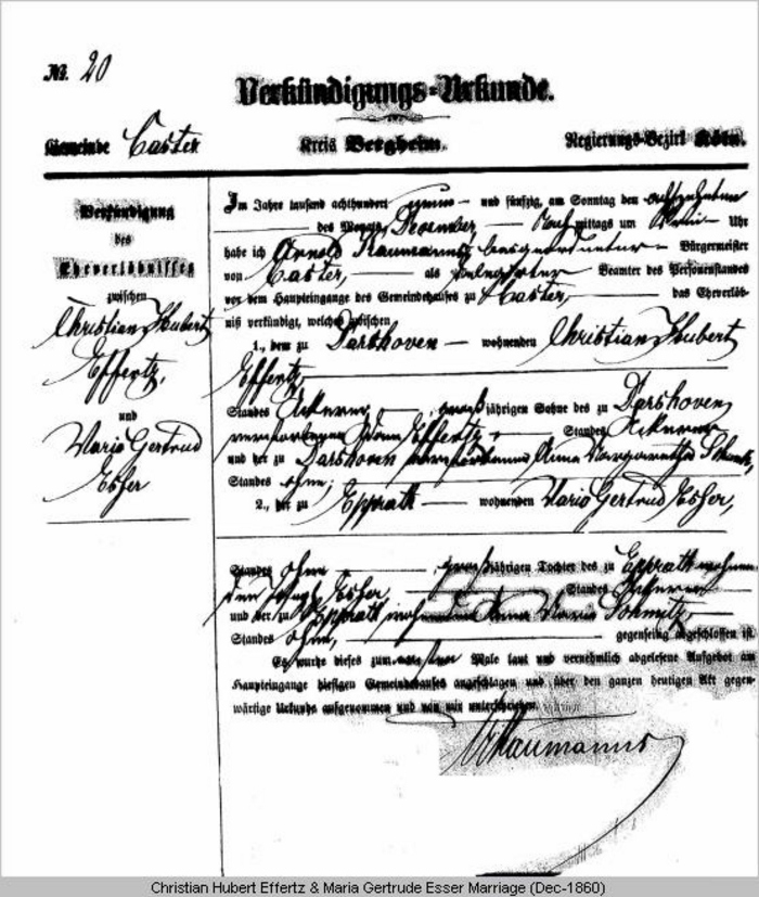 Christian Hubert Effertz and Maria Gertrude Esser Marriage Certificate